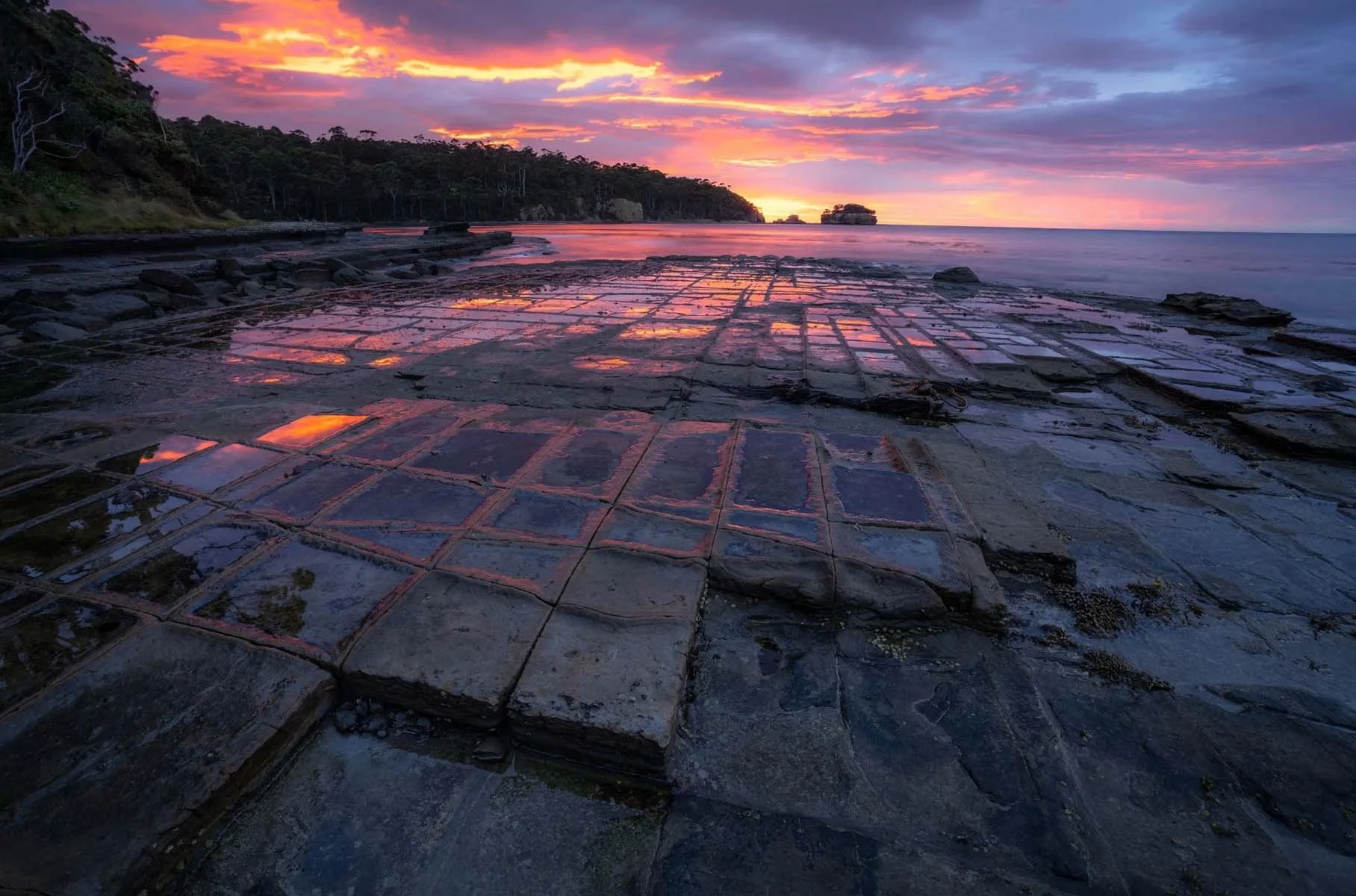 Sunrise illuminating the geometric rock patterns of Tessellated Pavement, Tasmania