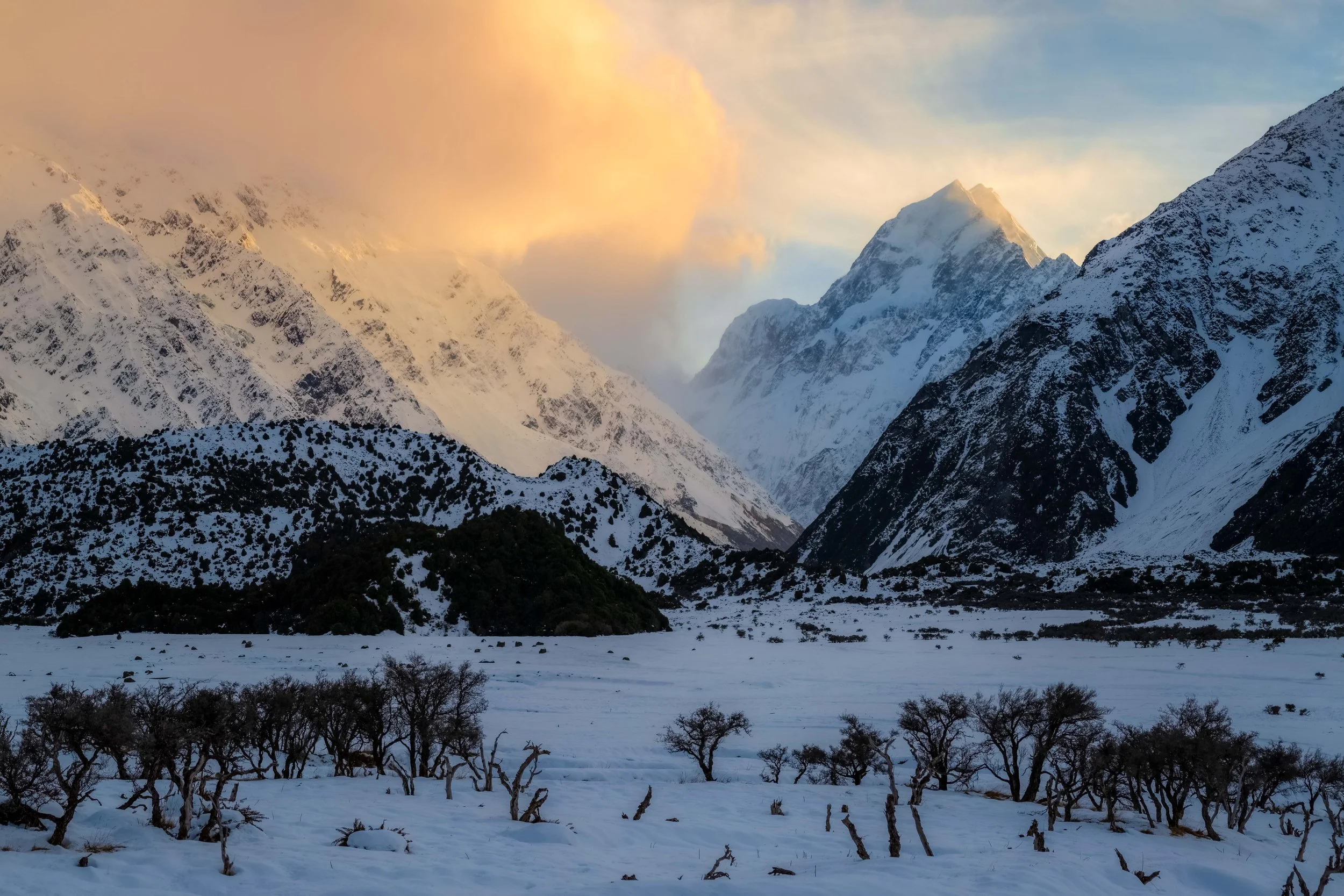 Mount Cook covered in snow in a winter alpine landscape