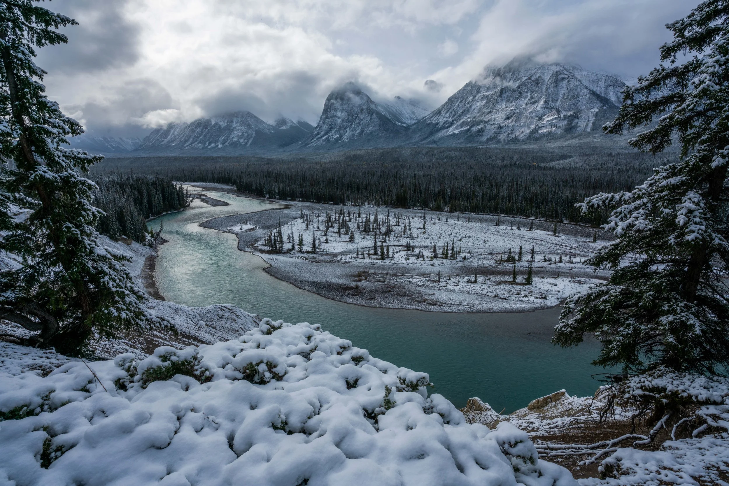 Winter landscape in Canada with snow-covered mountains