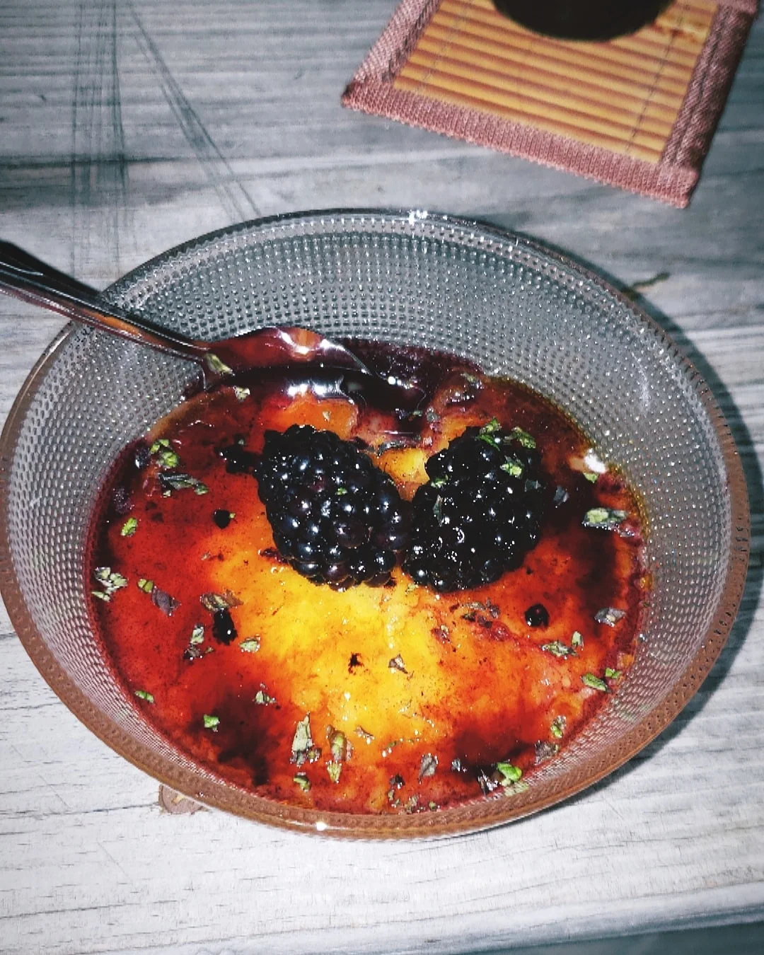 Custard Creme Brûlée w Mint & Tigernut milk topped with blackberries & Blackberry sauce