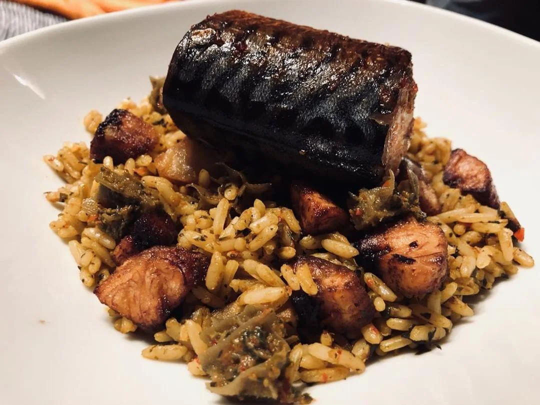 Edikang Ikong Fried Rice w Fried Mackerel & Dodo