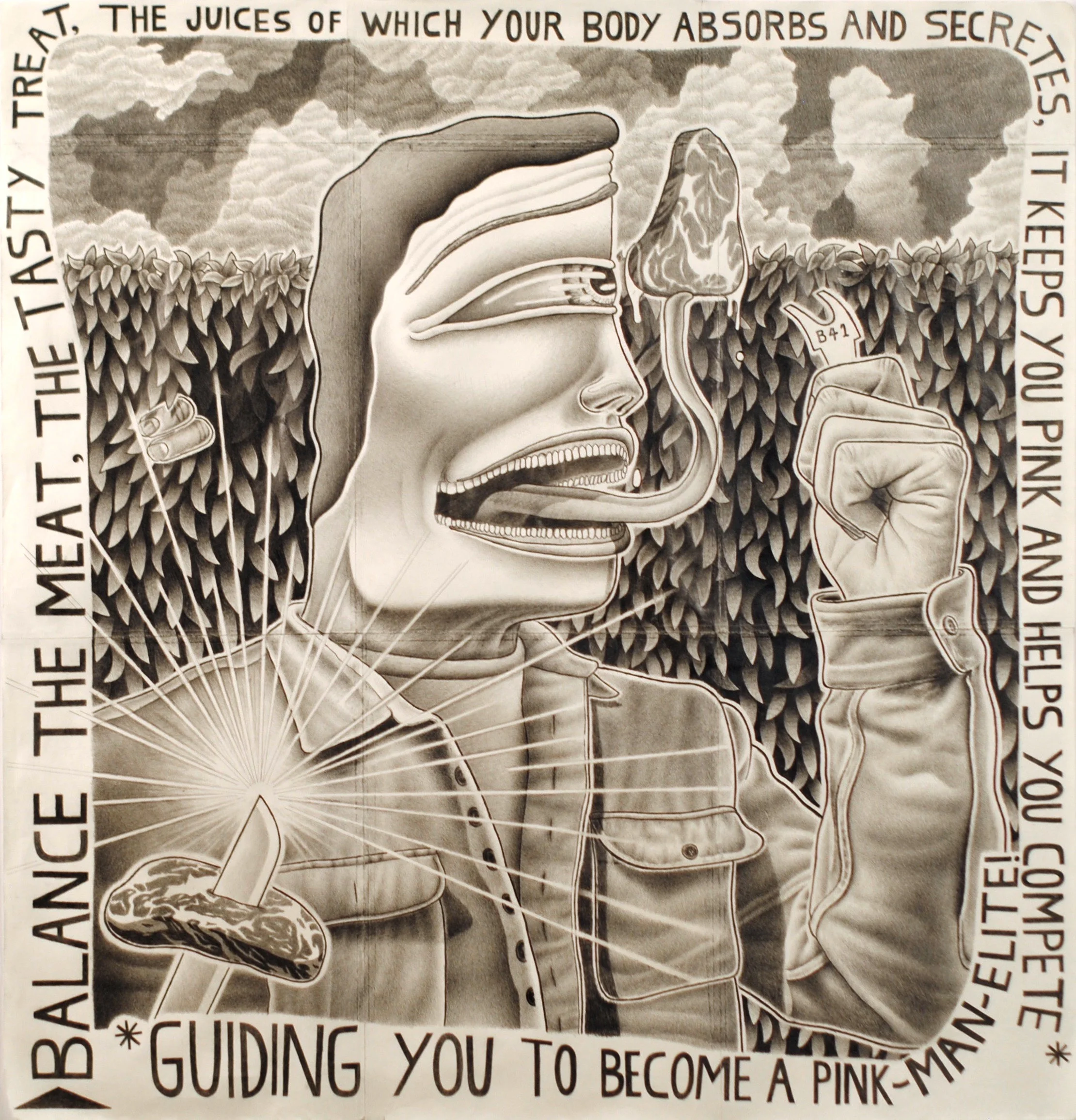 Meat Ticket 21”x22” Graphite on assembled paper 2018