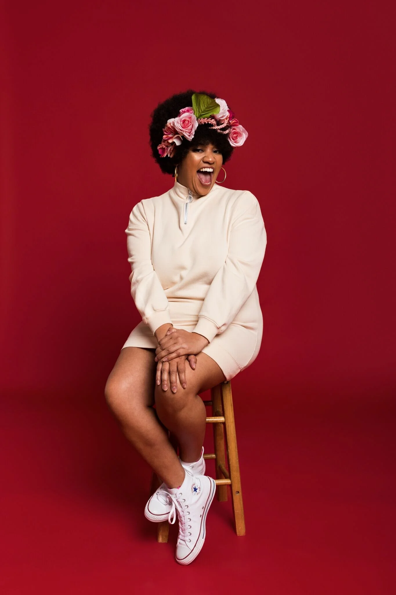  X Mayo with Flower Crown in front of Red Backdrop 