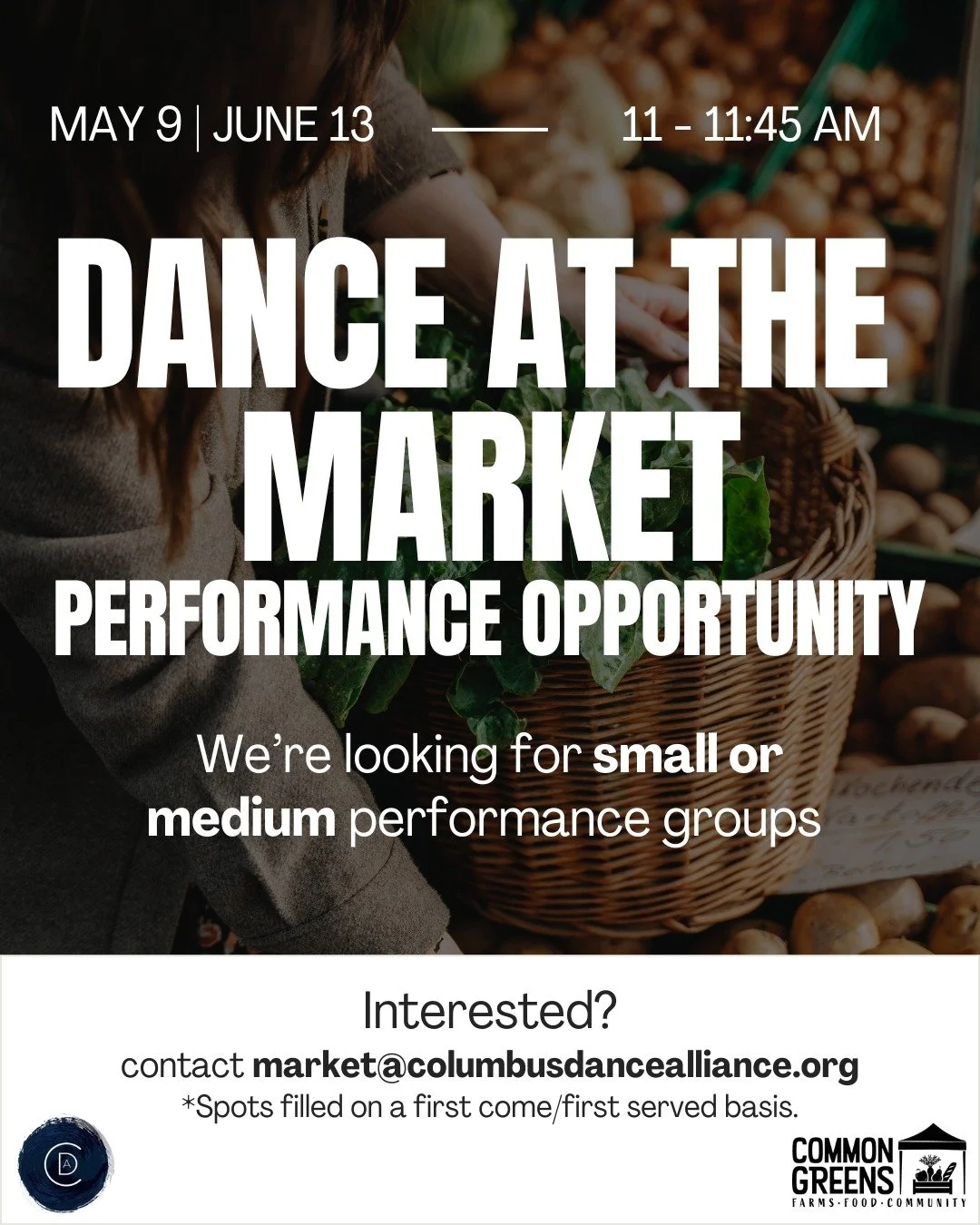 We are still filling a few stops for Dance at the Market 2026.

Available dates and times for small (3-5 dancers) or medium/large (6-10 dancers) group performances are:

May 9, 2026 from 11-11:45 AM
June 13, 2026 from 11-11:45 AM

If you are interest