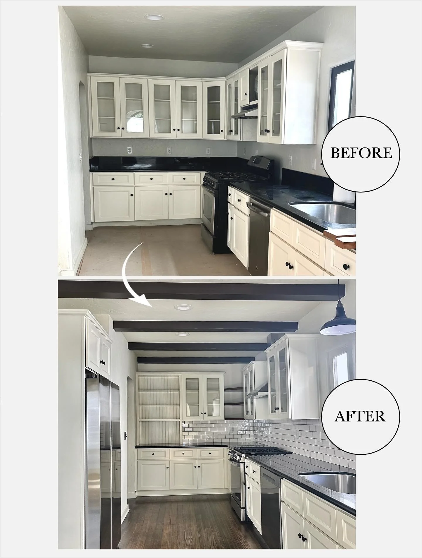 Before ➡️ After: Rental kitchen edition! We gave this space a glow-up without spending much 💸
There are a handful of budget-friendly updates hiding in here&hellip; can you spot them all? 👀
Hint: the upper cabinets were repetitive and boring (a clas