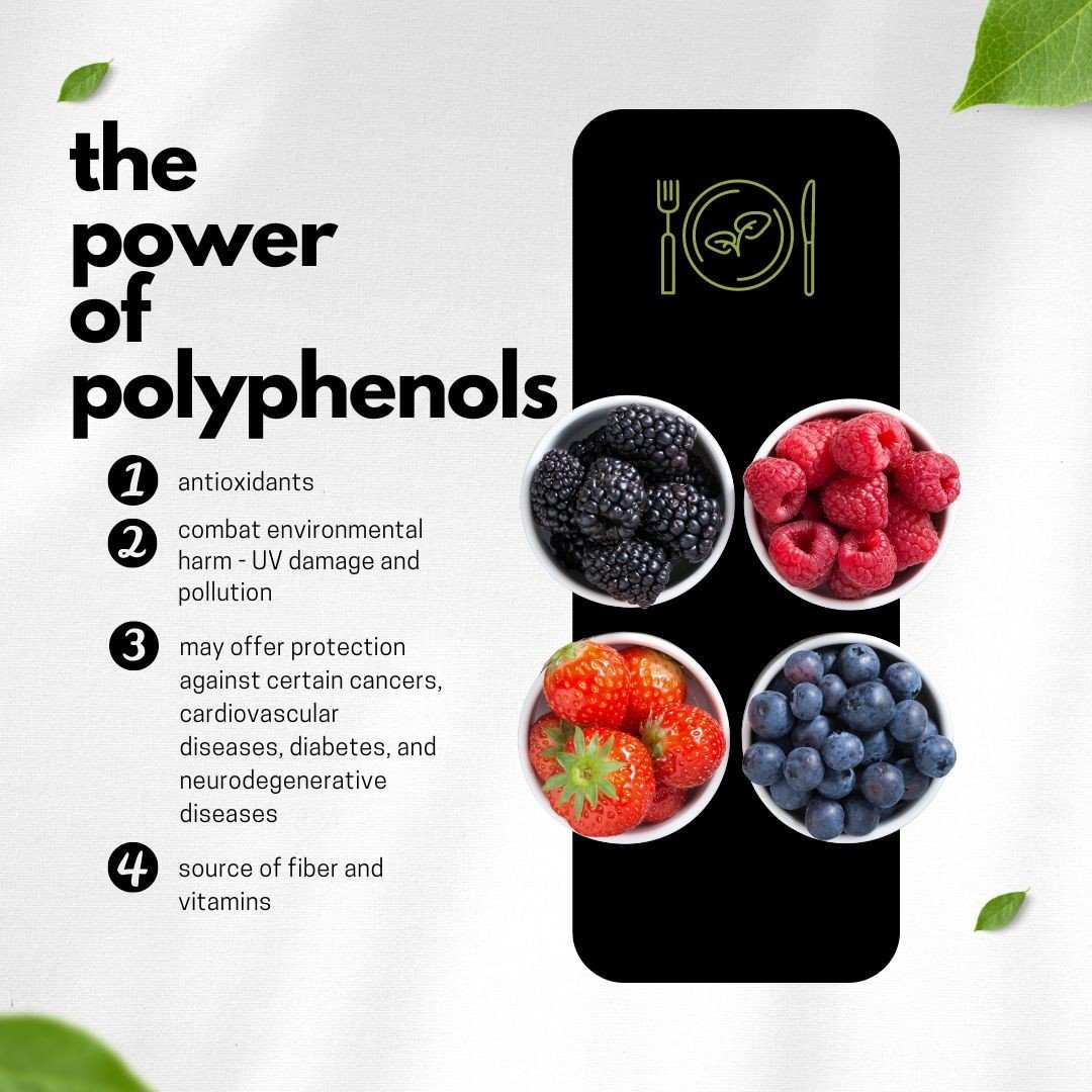 What foods are rich in polyphenols?⁠
⁠
Blueberries⁠
Cherries⁠
Strawberries⁠
Blackberries⁠
Spinach⁠
Rainbow chard⁠
Red cabbage⁠
Broccoli⁠
Bell pepper⁠
Pistachios⁠
Lives and extra virgin olive oil ⁠
Ginger⁠
Turmeric ⁠
⁠
✔️✔️Did you know we offer nutrit