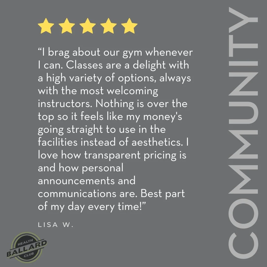 Loving the vibe at Ballard Health Club! This member says it best: 'Classes are a delight with welcoming instructors, transparent pricing, and top-notch facilities. Best part of my day!'

Thanks for the love&mdash;keep sharing your experiences! What d