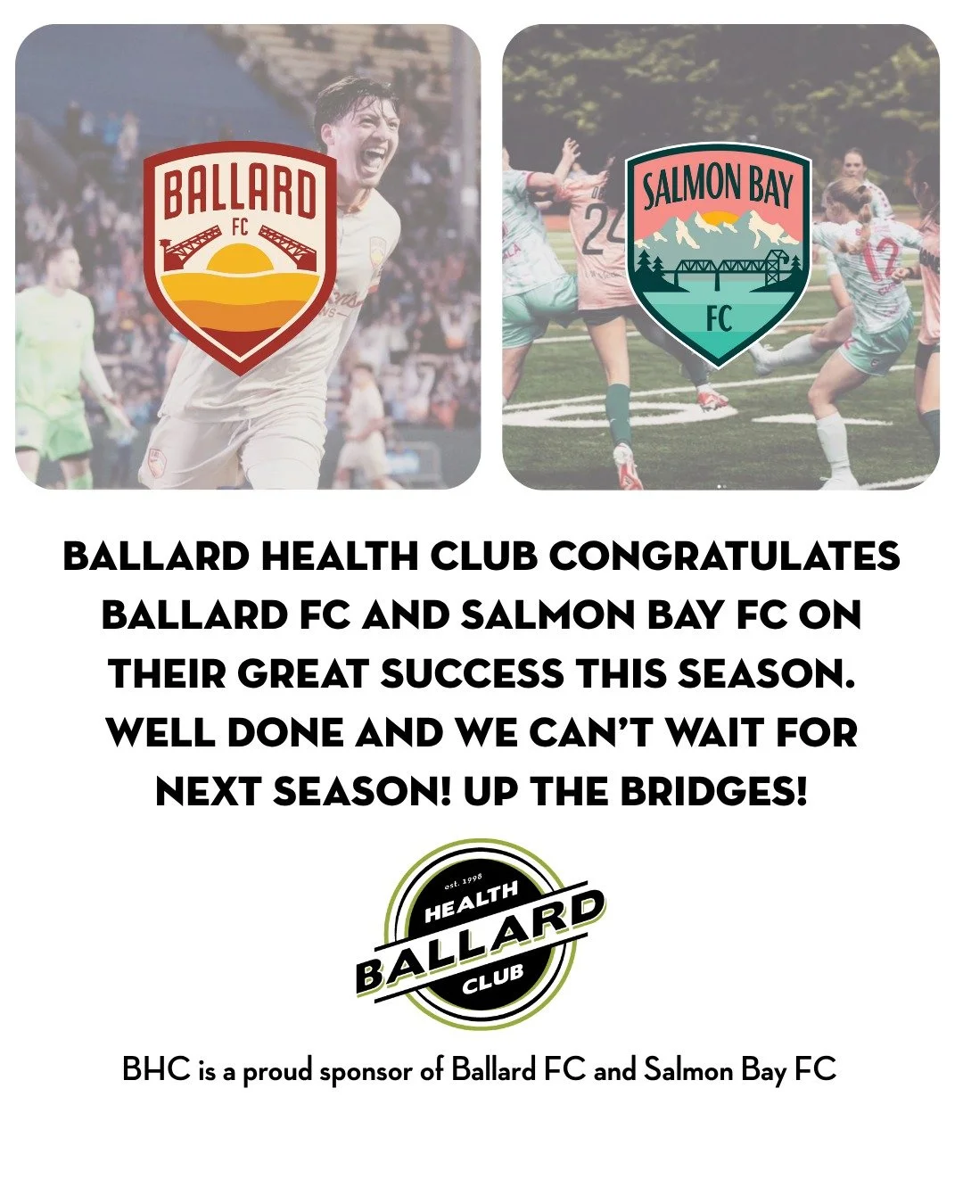Ballard Health Club is proud to have been a sponsor for Ballard FC and Salmon Bay FC this season and wish to congratulate both organizations, teams and coaches on their success this season!

We can't wait for next season. Up the Bridges! #ballardfc #