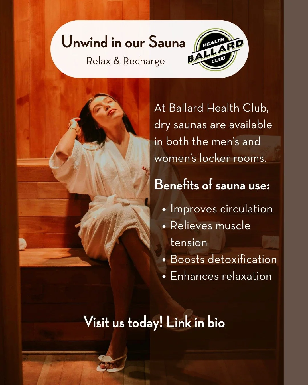 Unwind and recharge at Ballard Health Club!

Our dry saunas in both men&rsquo;s and women&rsquo;s locker rooms offer amazing benefits: improved circulation, muscle tension relief, detoxification, and relaxation.

Visit us today&mdash;link in bio! 

W
