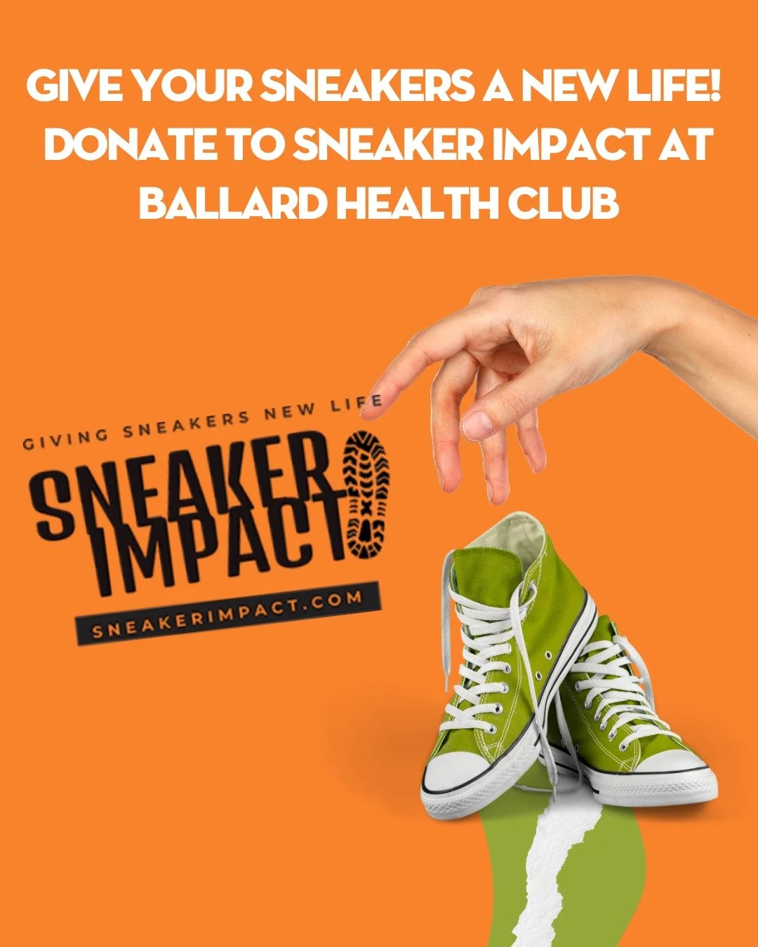 Have a pair of old sneakers in your closet? Give them new life by donating your used sneakers at Ballard Health Club! We&rsquo;ve partnered with Sneaker Impact, a company whose mission is to support underserved populations with essential footwear and