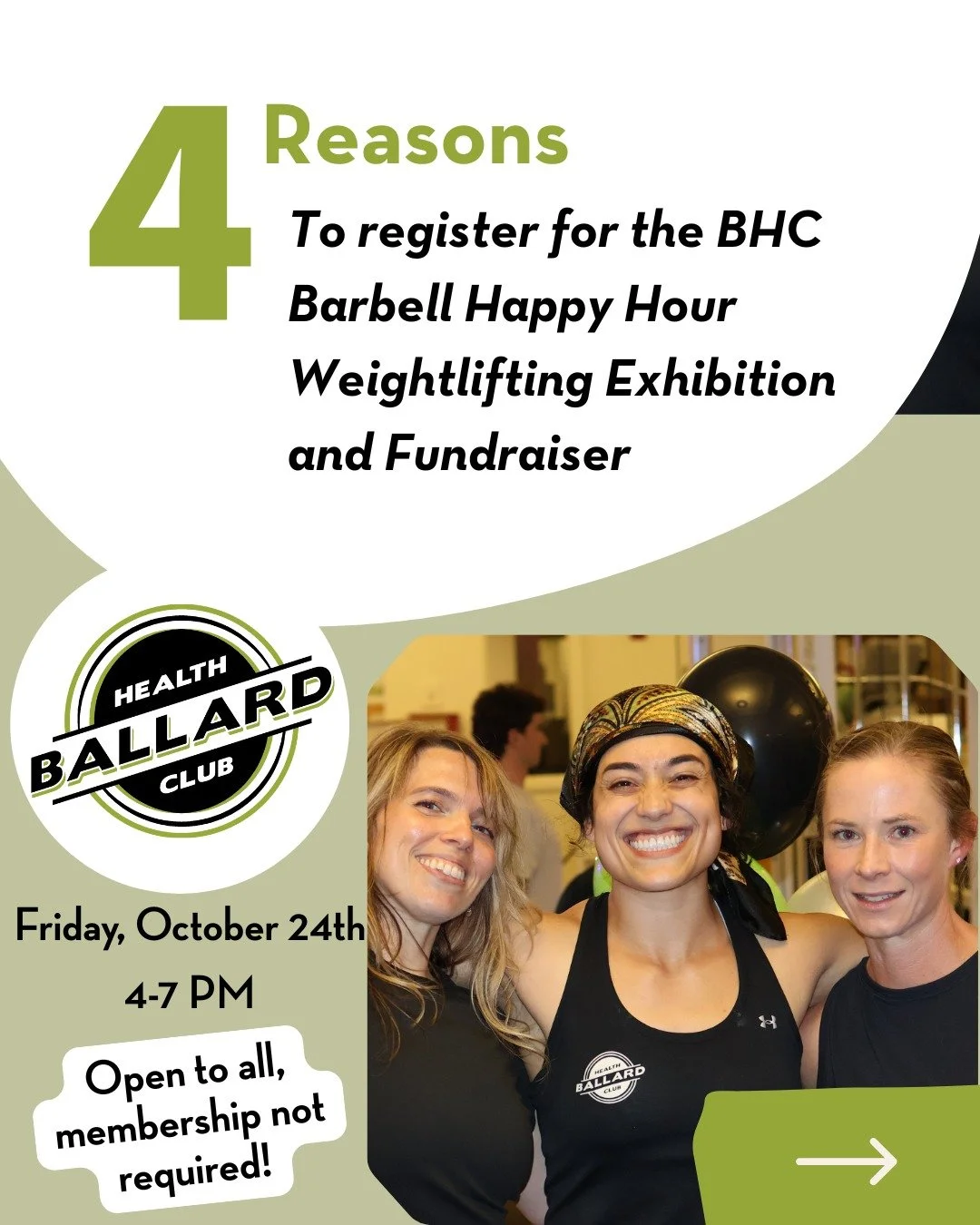 Join us for BHC&rsquo;S Barbell Happy Hour Weightlifting Exhibition &amp; Fundraiser
Friday, October 24th 4 - 7PM.

All proceeds to benefit Resilient Hearts Animal Sanctuary. 🐾

Whether you want to show off your strength, support a great cause or ju