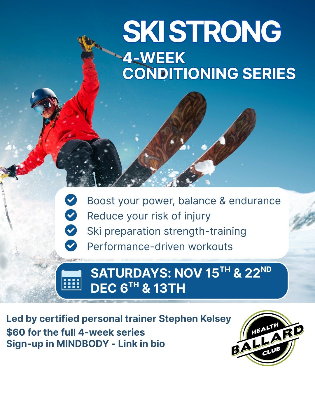 Get slope-ready with Ski Strong, a dynamic 4-week progressive conditioning series designed to build the strength, stability and endurance you need for a powerful and injury-free ski season.

Each week, you&rsquo;ll train smarter and push harder- deve