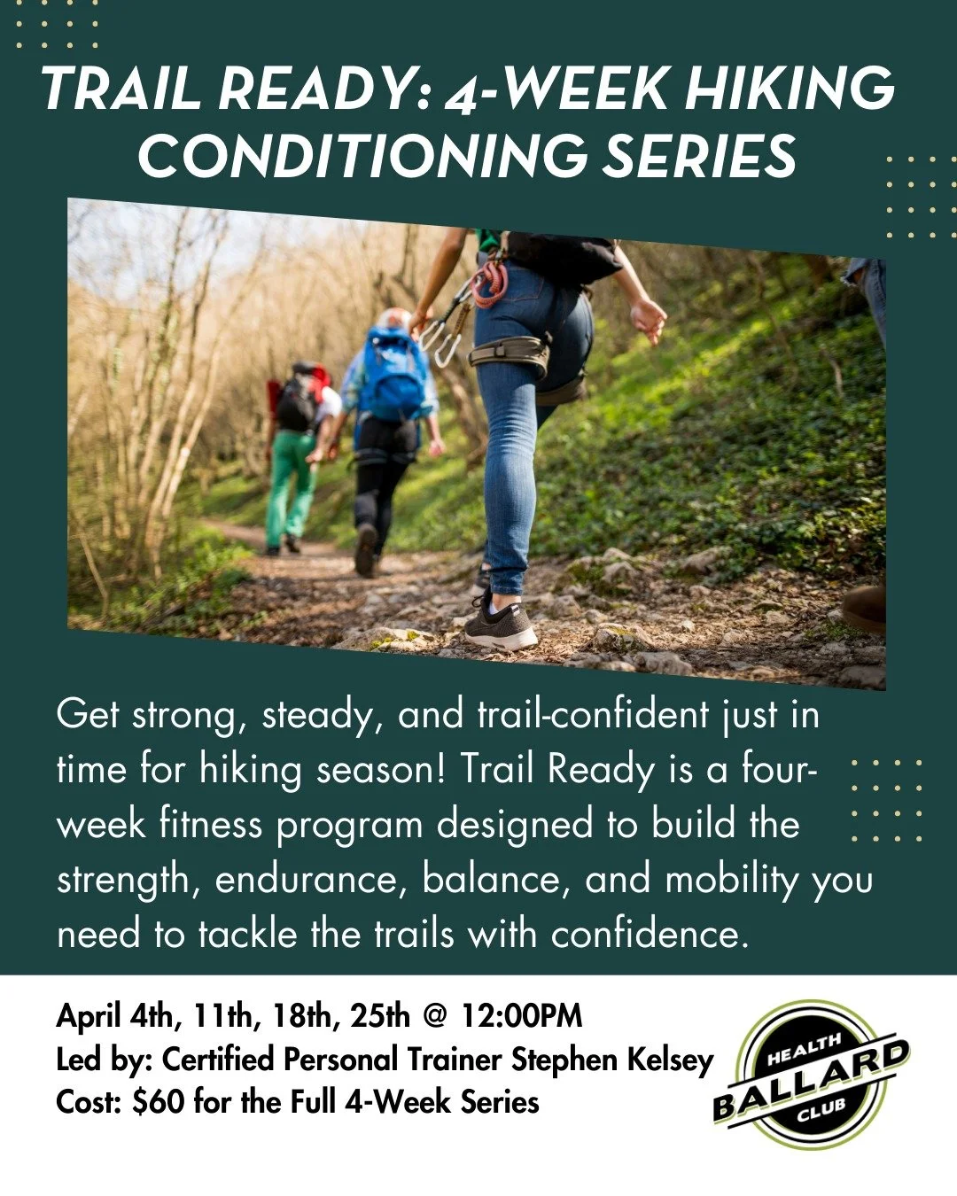 Get strong, steady, and trail-confident just in time for hiking season

Trail Ready is a four-week fitness program designed to build the strength, endurance, balance, and mobility you need to tackle the trails with confidence.

Led by Stephen Kelsey,