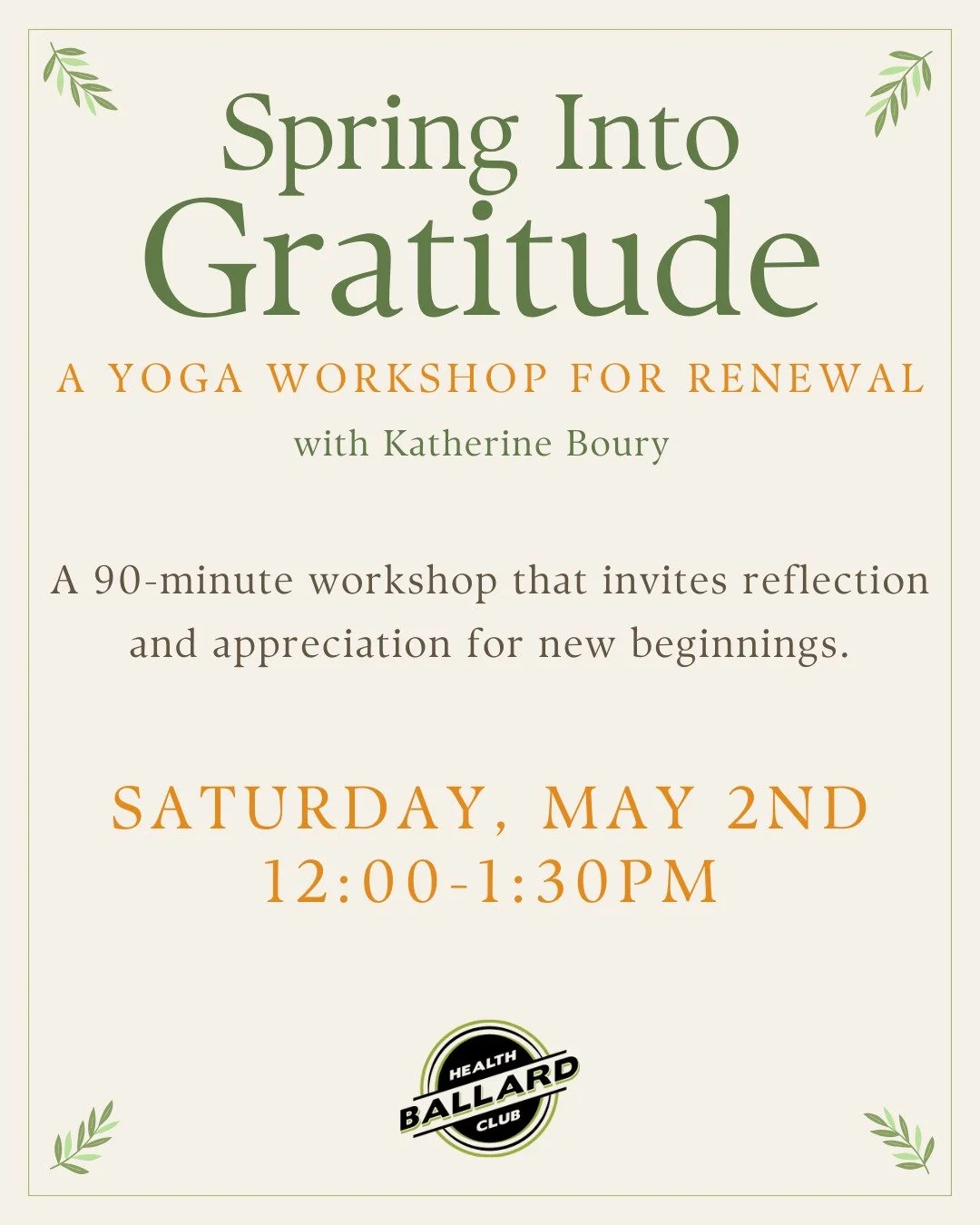 ✨ Give yourself 90 minutes to breathe, reflect, and reset.

Spring into Gratitude: Yoga for Renewal is a heart-centered workshop combining flow, restorative yoga, loving-kindness meditation, and journaling &mdash; a beautiful way to step into spring 