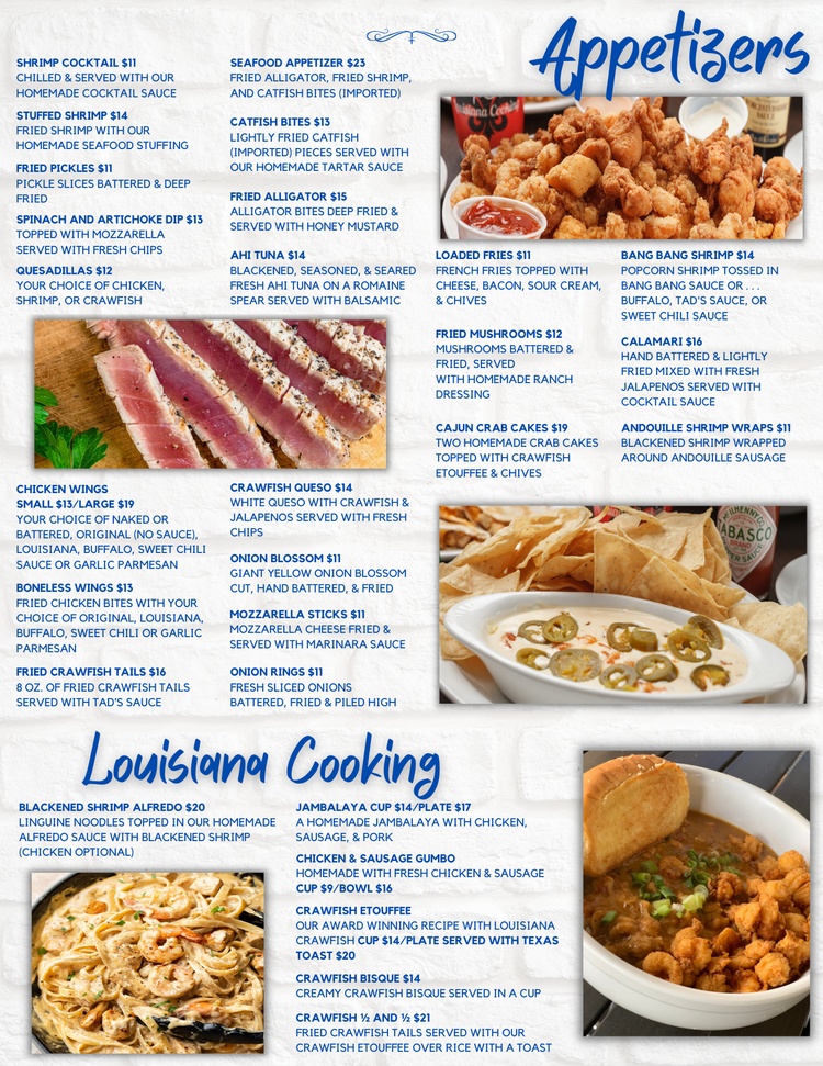 TaD's Louisiana Cooking — Lake Charles Menu