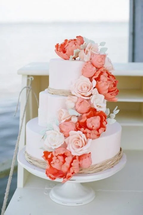 This beautiful wedding cake gives us beach vibes, its very simple yet stunning. While the main part of the cake is white and plain, it lets us fix our eyes on coral flowers that give that POP of colour. https://www.pinterest.ca/pin/555842779005783452/