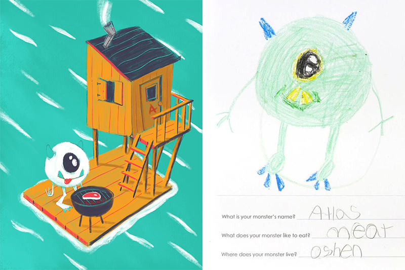 Small white one eyed monster grilling steak on his floating home in the ocean