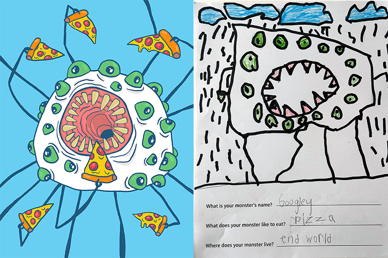 Side by side of Googly-eyed monster eating pizza