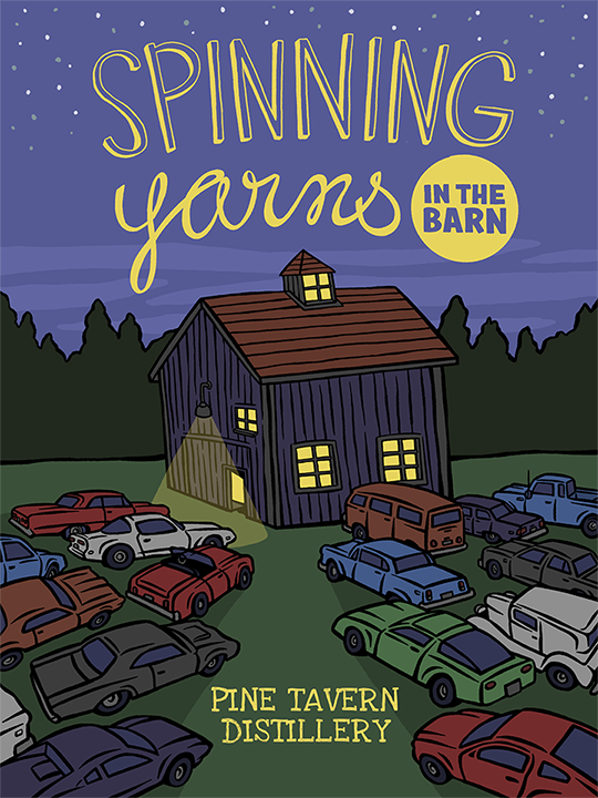 illustration of a barn at night with lights on inside and cars parked in the field