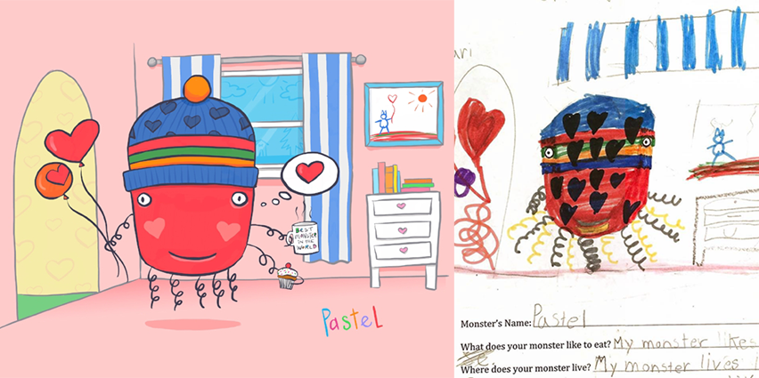 Monster eating cupcakes in its pastel heart decorated home