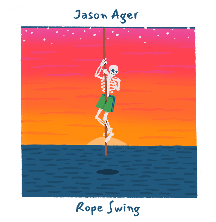 Cover to single Rope Swing by Jason Ager featuring a skeleton handing from a rope swing over water at sunset