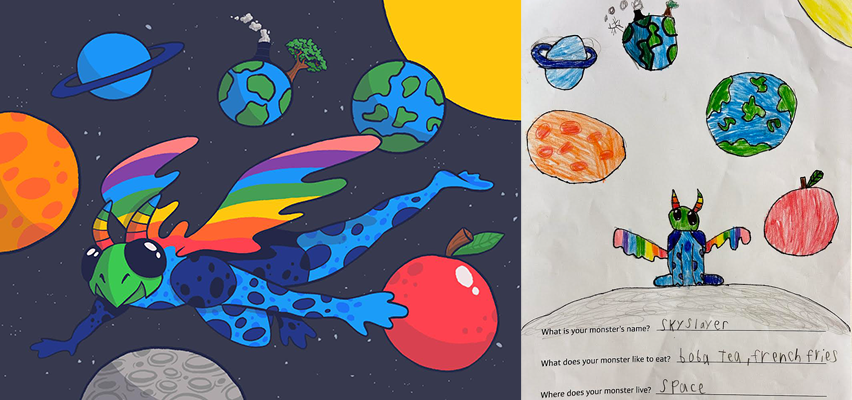 Rainbow winged monster flying through space