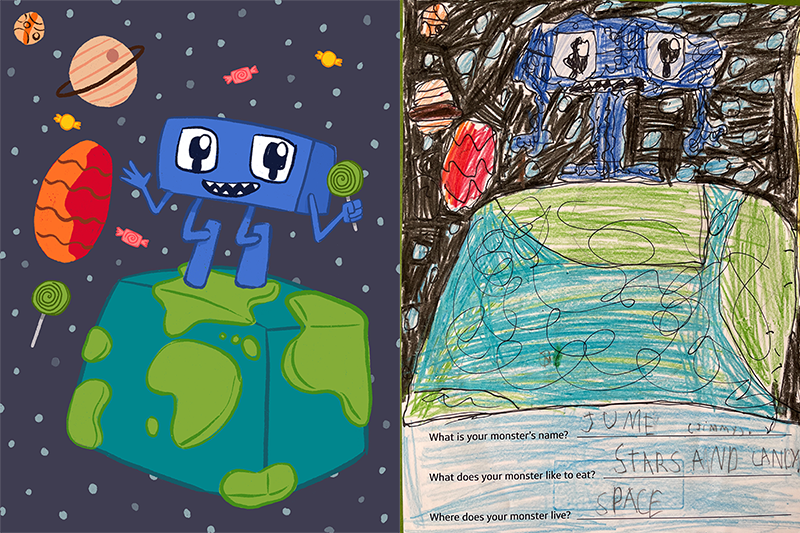 Side by side of blue monster eating candy in space