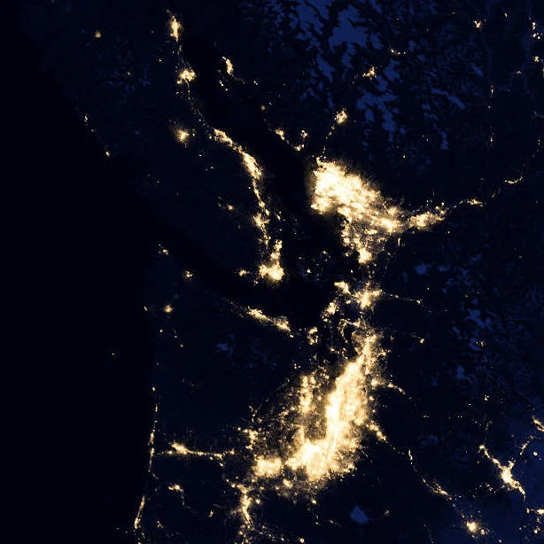 The Salish Sea and Cascadia Megaregion Corridor at night by Satellite.