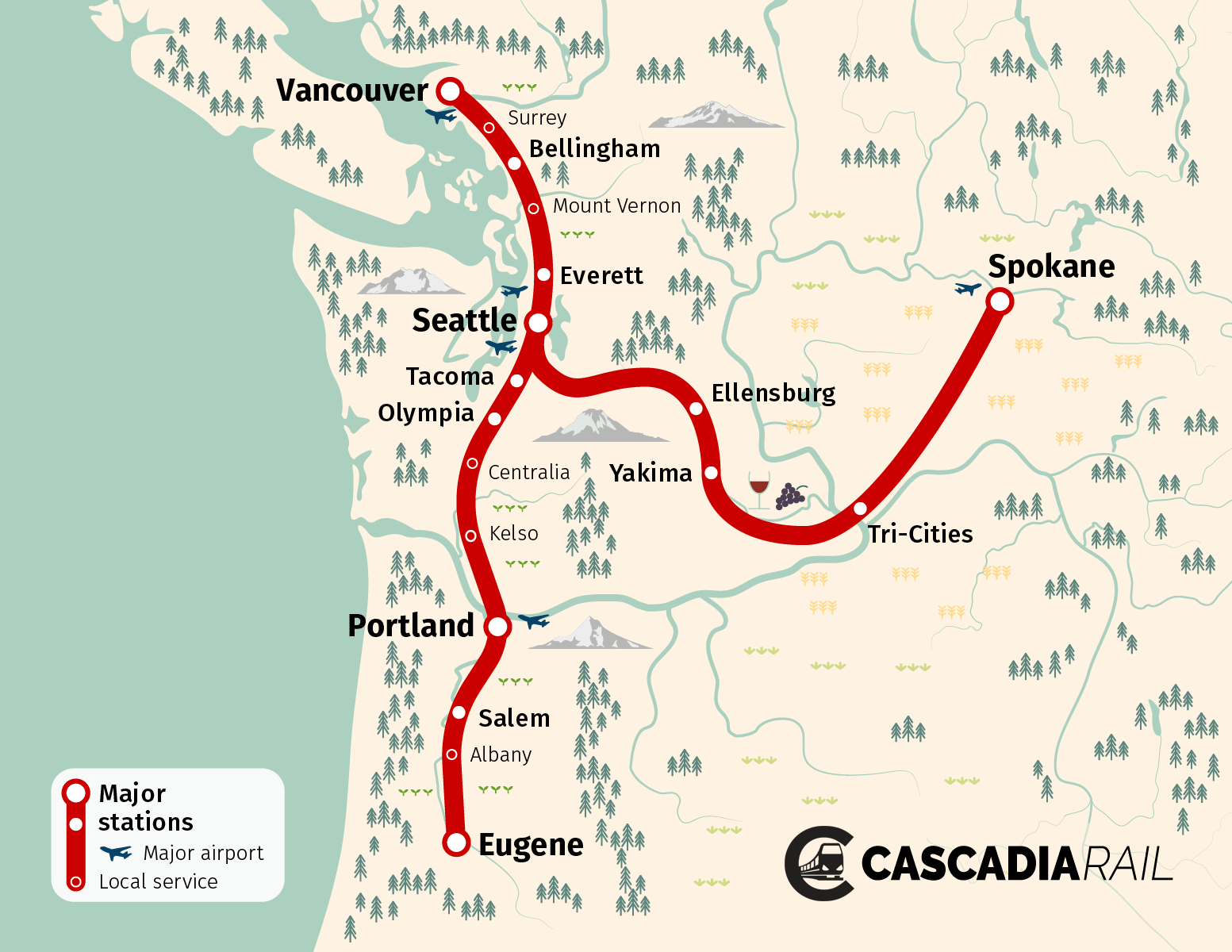 A potential map of Cascadia High Speed Rail along the Cascadia Corridor, and out to Spokane. Artwork by Oran Viriyincy