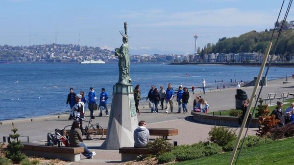 The Statue of Liberty, or Lady Liberty, is a replica of the Statue of Liberty , installed at Alki Beach Park , in Seattle , Washington . It was installed in 1952 by the Boy Scouts of America and underwent a significant restoration in 2007 after repeated vandalism had damaged the sculpture.