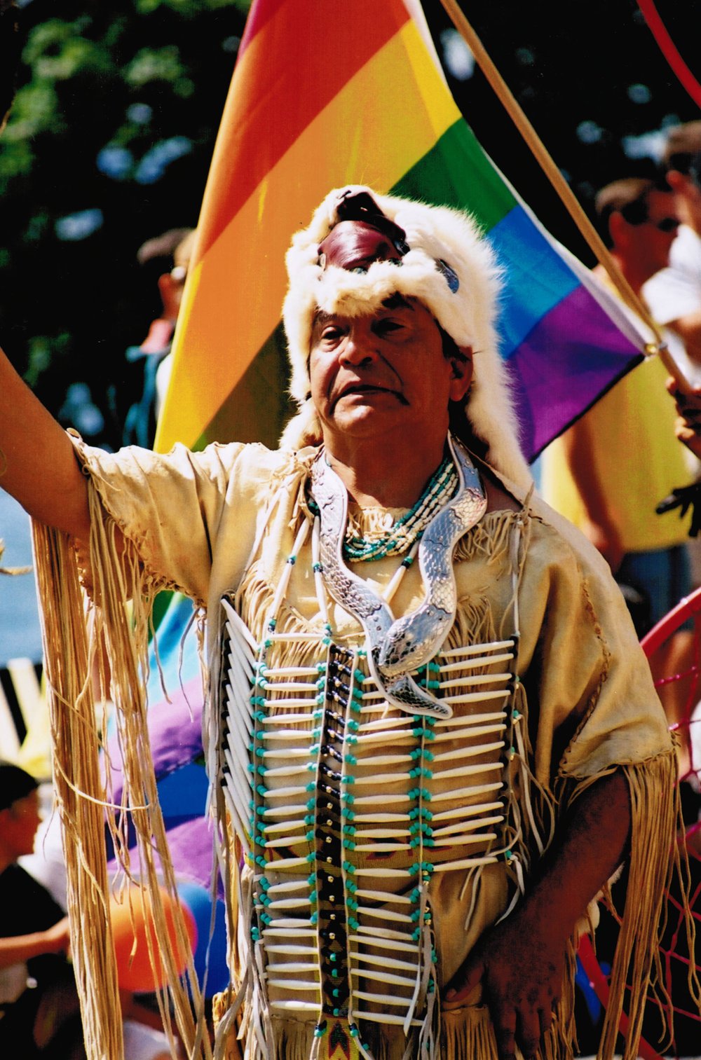    First Nations participant in the 2002 Gay/Lesbian Pride Parade. Vancouver BC 2002   