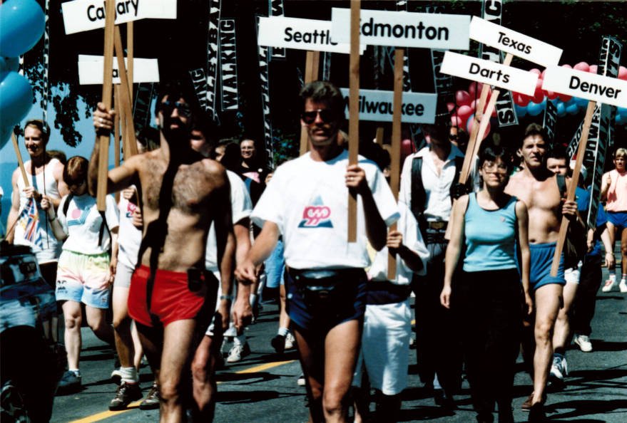    National and international athletics of the Celebration '90 Gay Games III march in the Vancouver Pride Parade. Vancouver BC 1990   