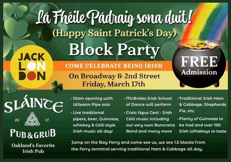 One week from today! 🍀
We&rsquo;re thrilled to once again be the sponsor of @slainteoakland&rsquo;s annual St. Patrick&rsquo;s Day block party! 

From 10am-7pm on Friday 3/17, you can stop by Oakland&rsquo;s favorite  Irish pub to grab a Guinness or