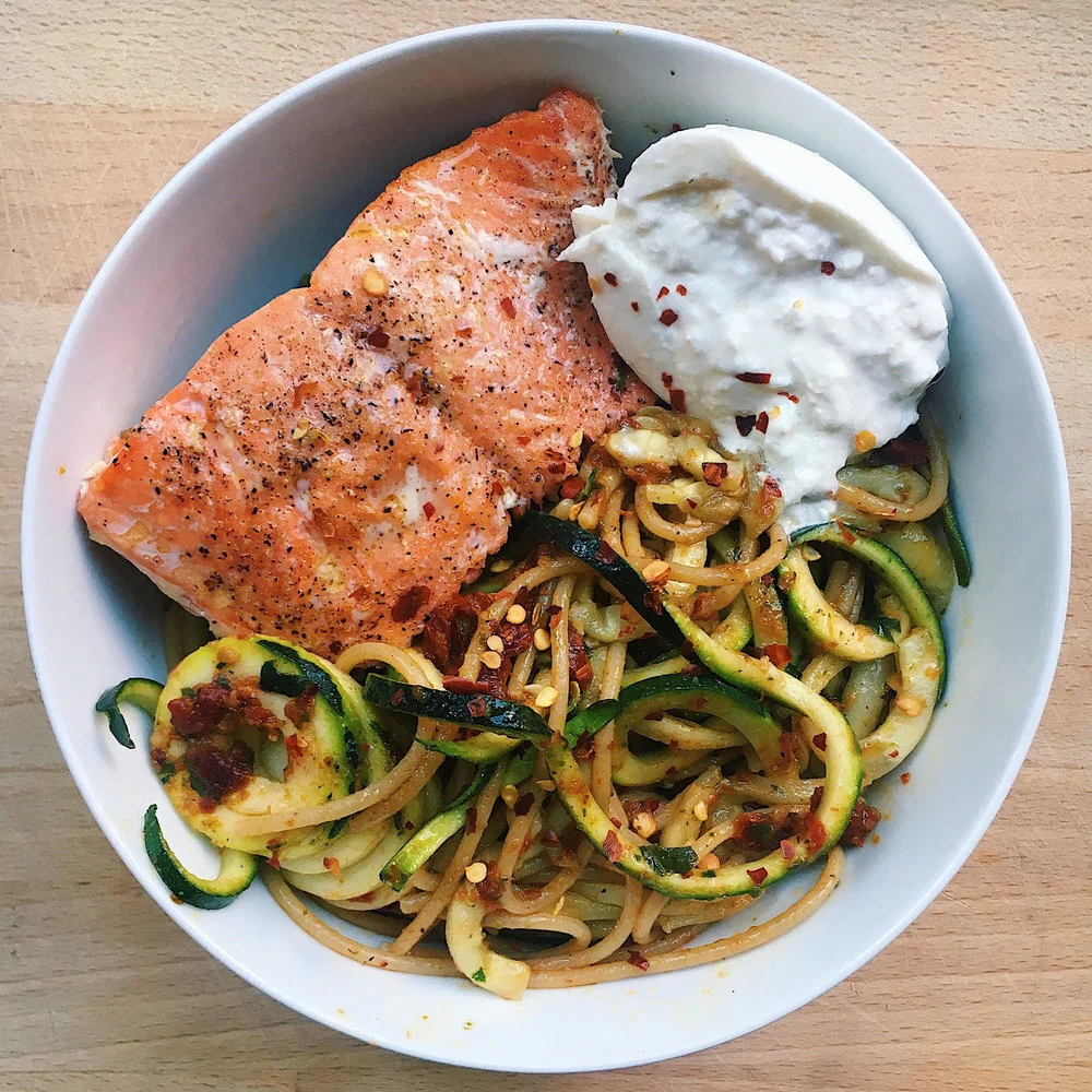 oven roasted salmon with zoodles and burrata — molly cleary nutrition