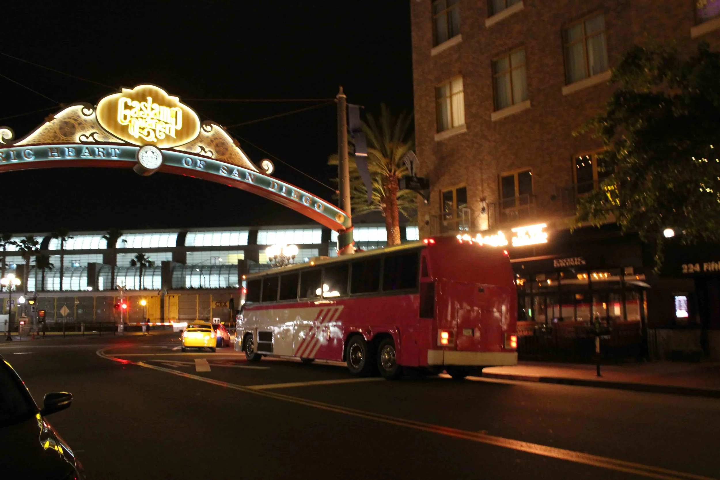 Pinkie Party Bus righteously ducking under the Famous Gaslamp Signage.JPG