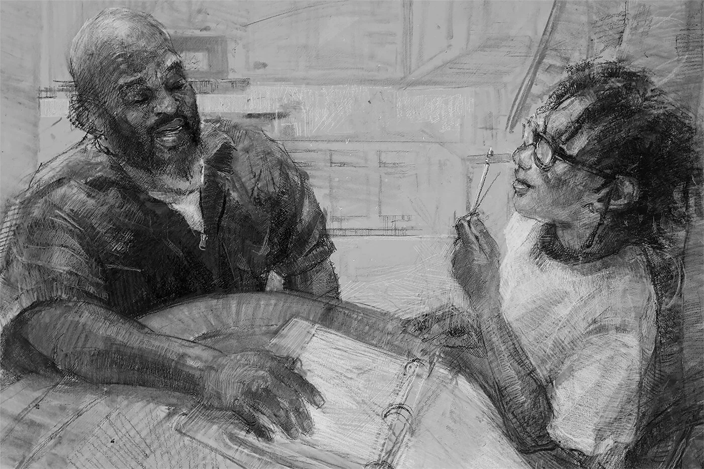  20x30”  Black and White Charcoal on Grey Gessoed Board 