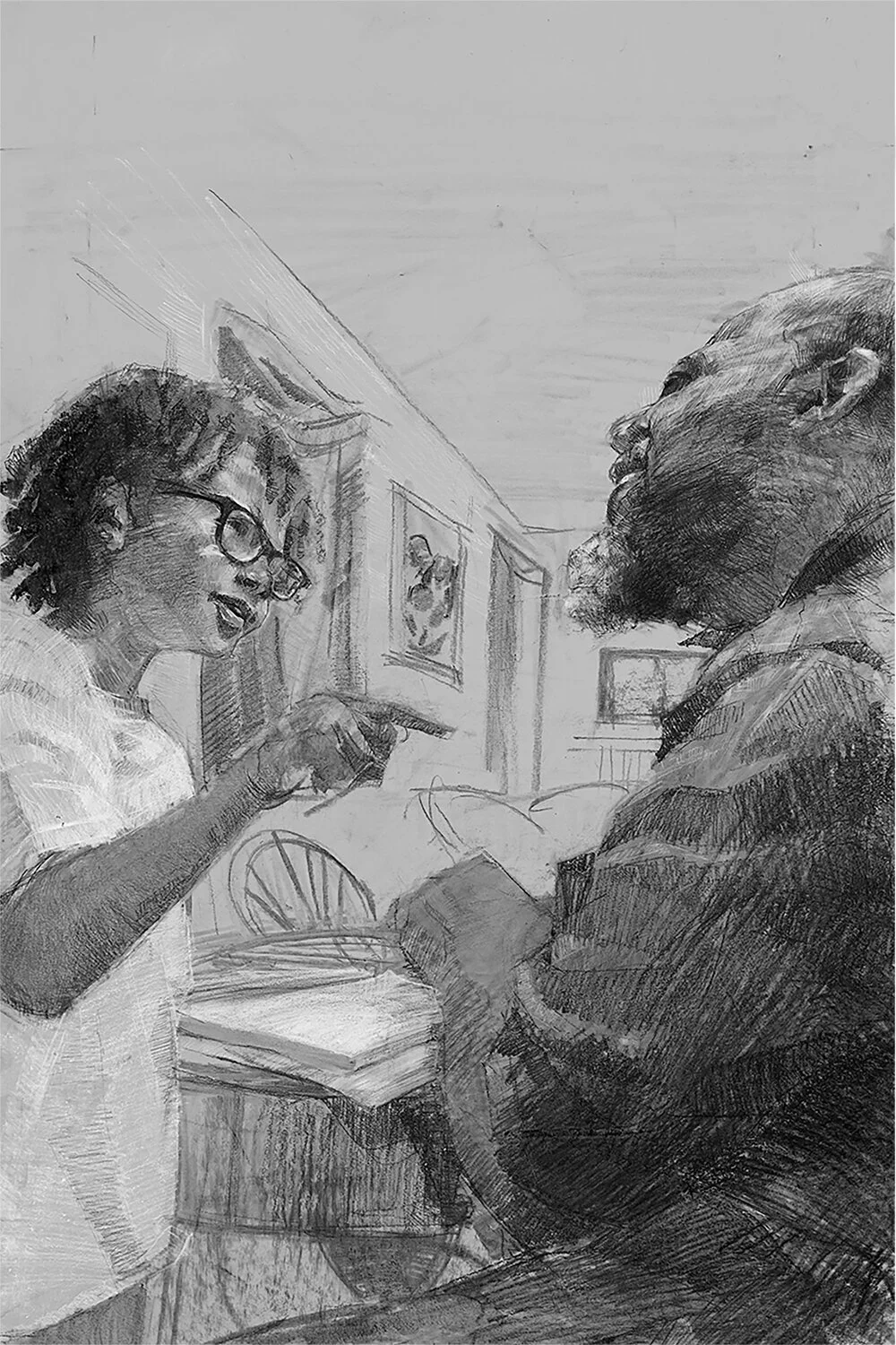  30x20”  Black and White Charcoal on Grey Gessoed Board 