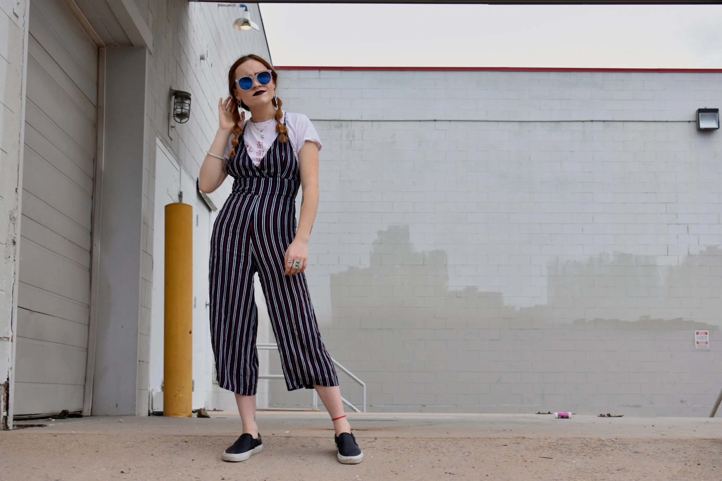white t shirt under jumpsuit