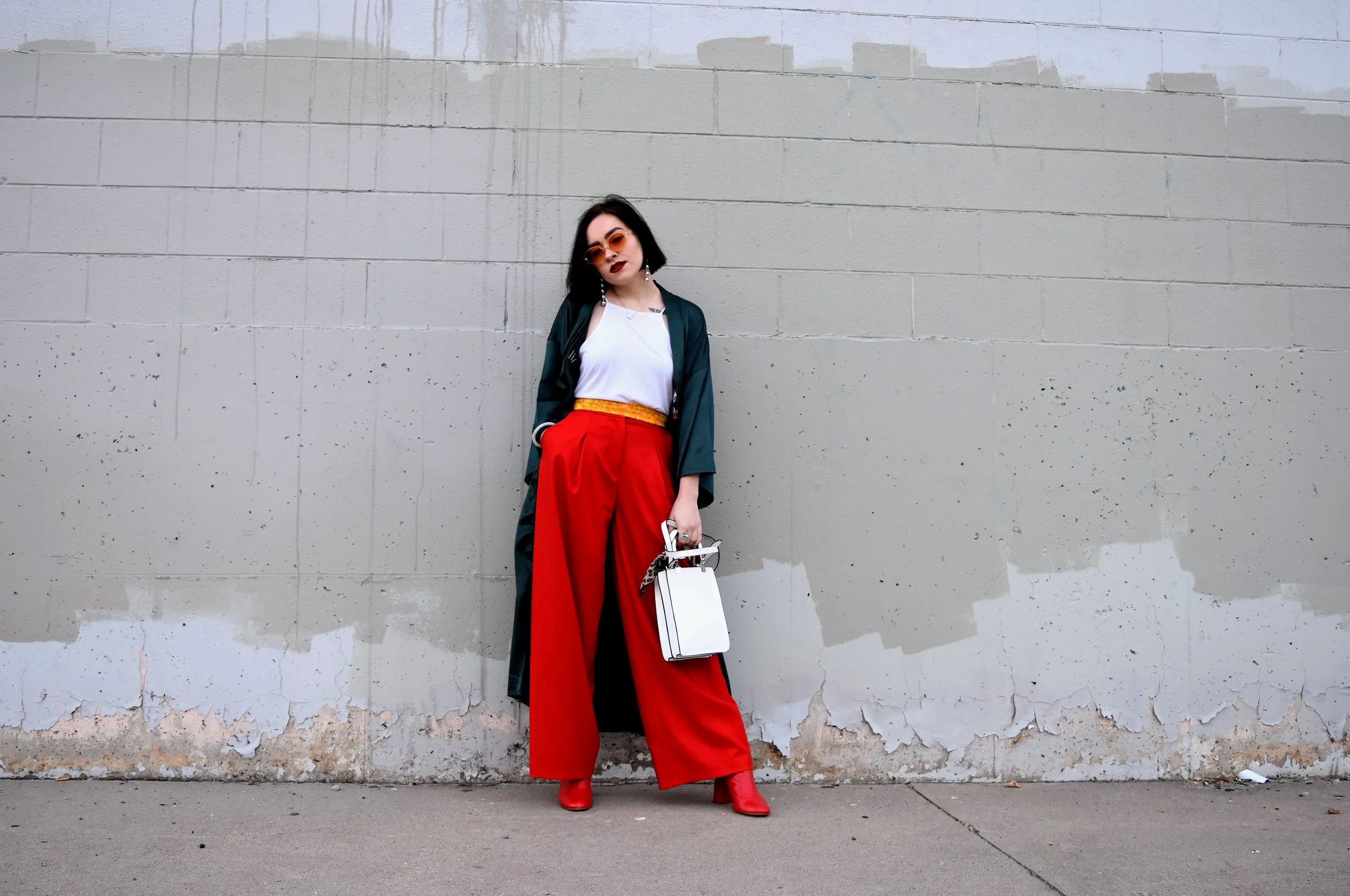 red flare pants outfit