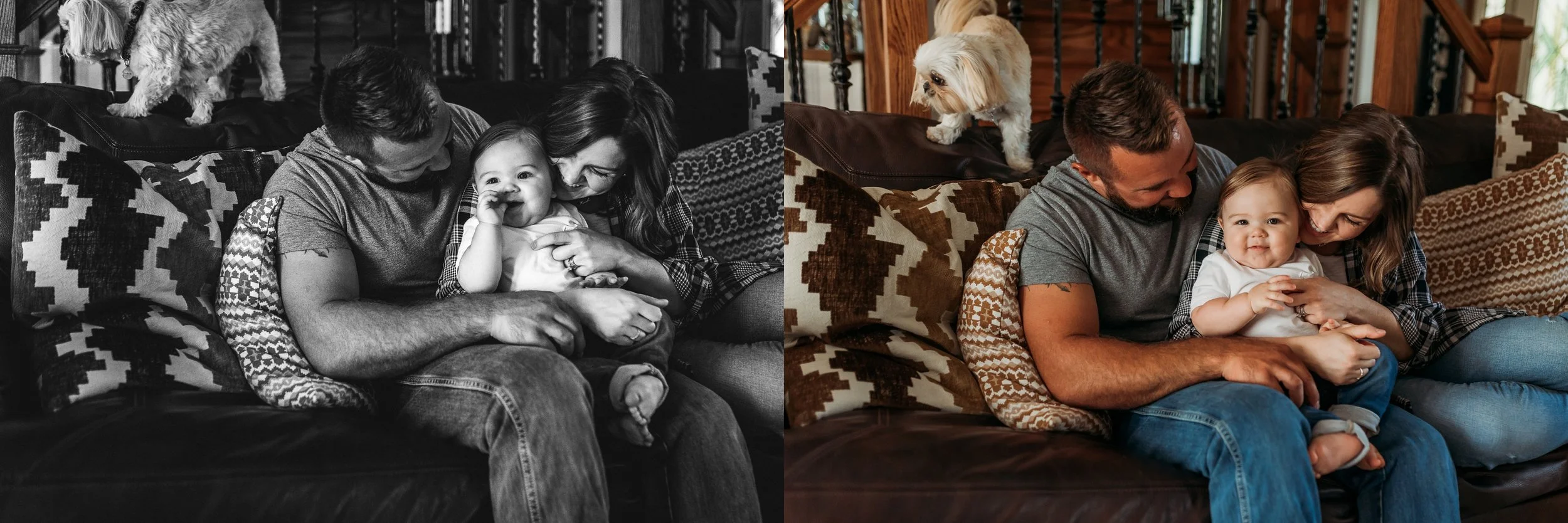 family snuggled with up on couch with a toddler