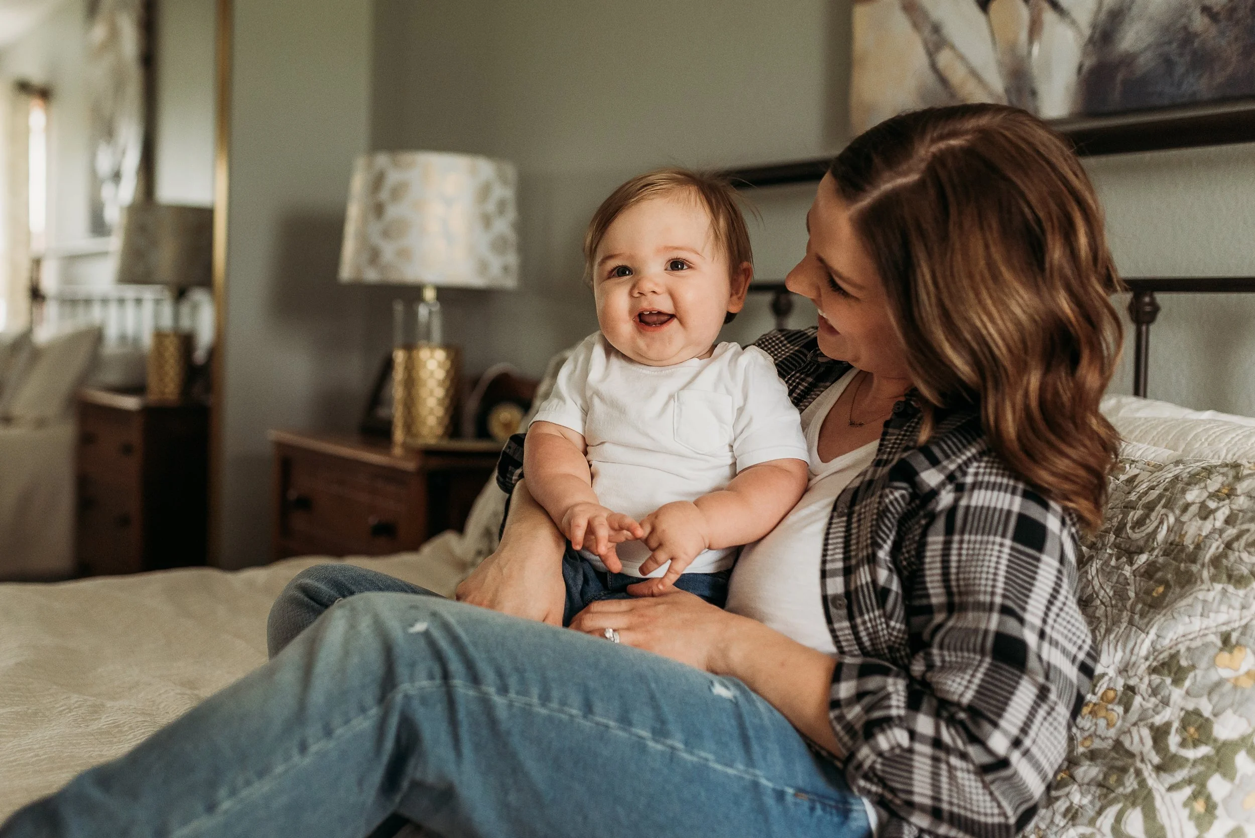 mom and son laughing together