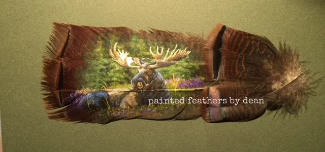  This is a moose sunning on a grassy hillside, painted on two wild Eastern Turkey covert feathers. The feathers are adorned with smaller covert feathers. The feathers are matted and framed in a shadow box.  $120.00 