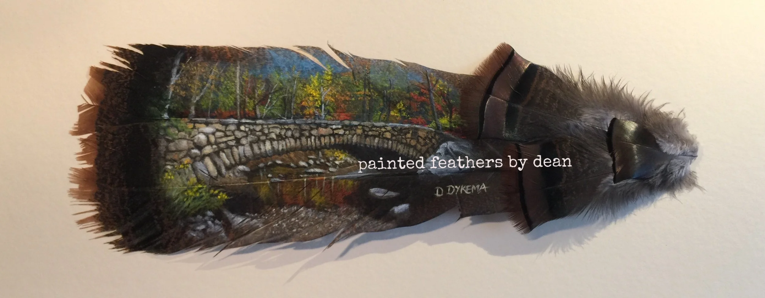  This is the stone bridge in the Rock Creek National Park, Washington, D.C., painted on two wild Eastern Turkey tail feathers. The shafts are adorned with body and covert feathers. The feathers are matted and framed in a shadow box.  $180.00 