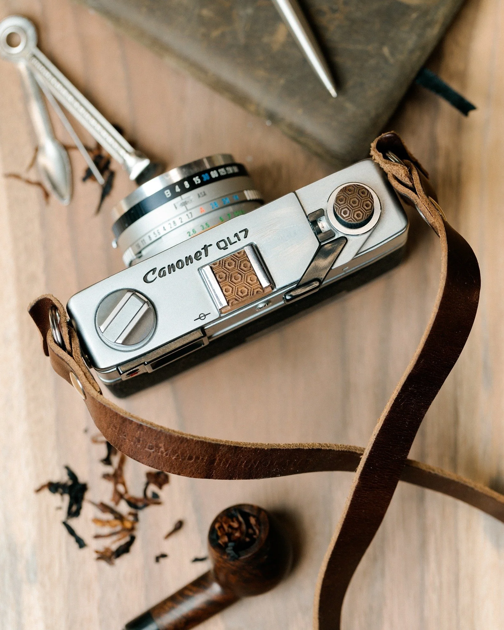 &ldquo;You fill up the frame with feelings, energy, discovery, and risk, and leave room for someone else to get in there.&rdquo; &mdash; Joel Meyerowitz

This Canonet QL17 setup features our walnut tortoise shell engraved soft release button and hot 