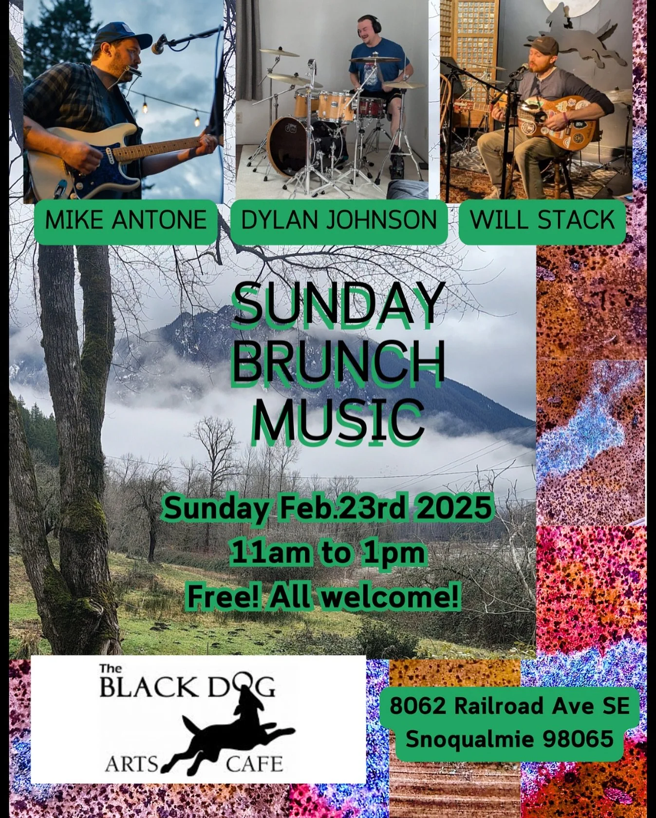 When you wake up next Sunday the 23rd, make your way for brunch at the Black Dog Arts Cafe at 11am!  Mike Antone, Dylan Johnson &amp; Will Stack will be playing live music &amp; sharing tunes from 11am to 1pm! #snoqualmievalleymusic #blackdogartscafe