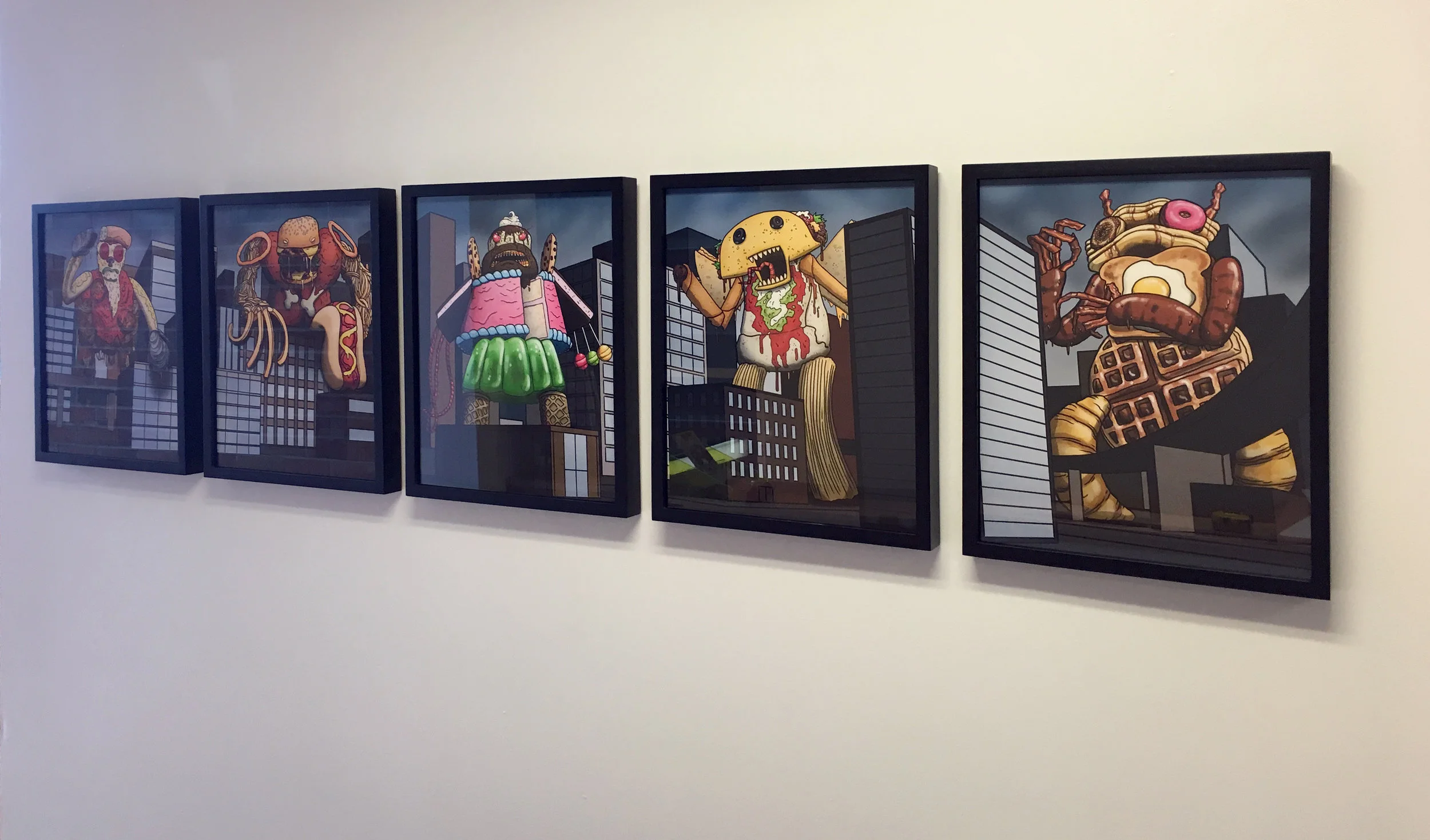 Food Kaiju Pentaptych on the wall at Willowwind