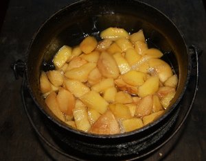 Quince, sugar and water cooked sufficiently until it becomes tender, over the fire with a lovely citrus and smokey scent.