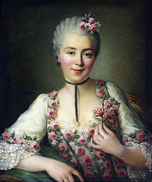Portrait of a Lady said to be Mlle. Dore, half-length, in a white dress with pink roses, by François-Hubert Drouais, 1765
