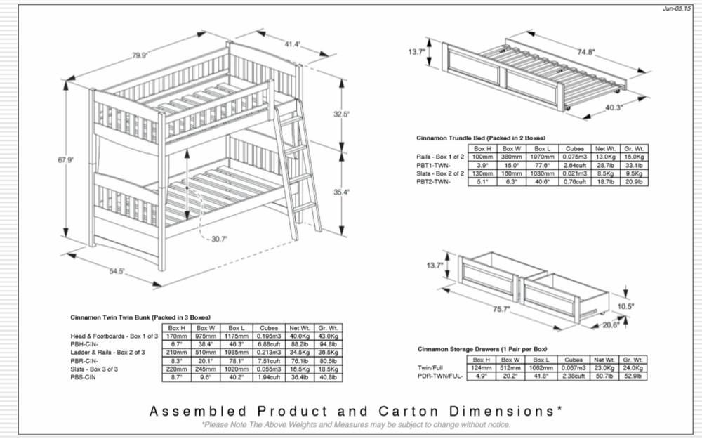 Cinnamon Twin Bunk Bed 5 Finishes, Twin Bunk Bed Measurements