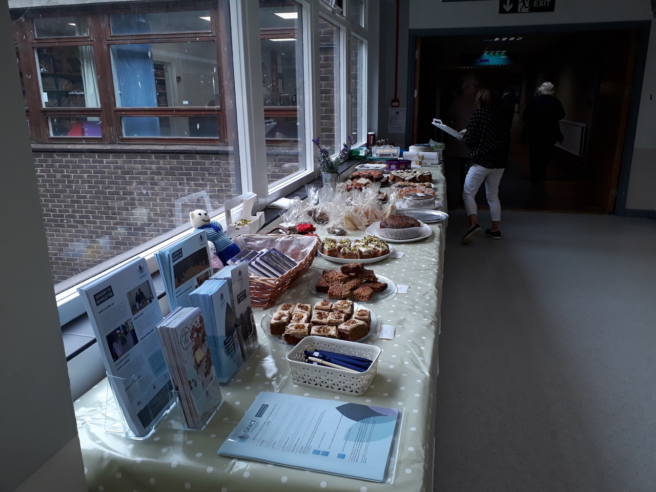 Table ready for Cake Sale for Ovarian Cancer Awareness at the Royal Surrey County Hospital